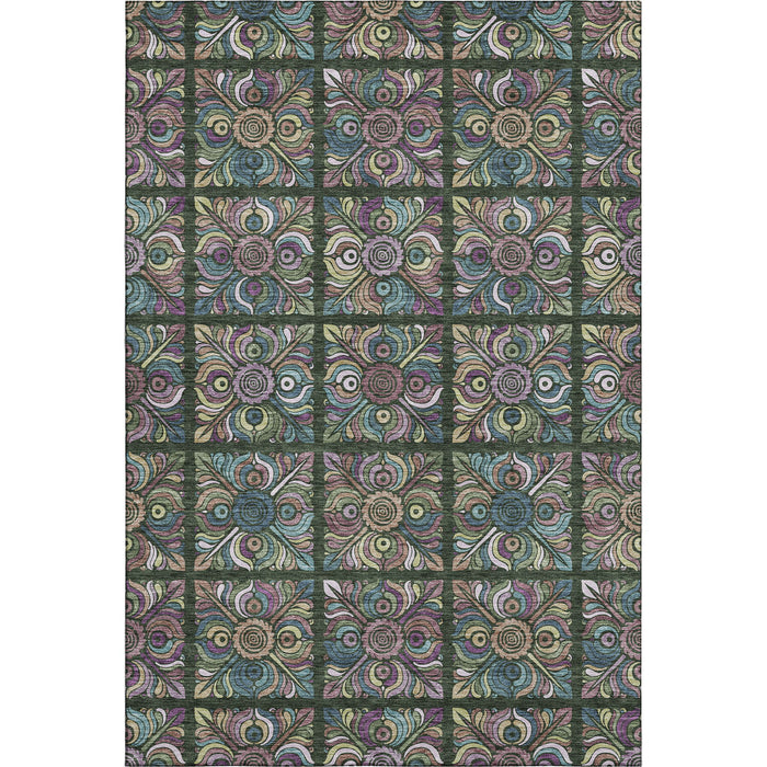 10' X 14' Medallion Washable Area Rug With UV Protection (667691) - Fern Green / Purple / Teal