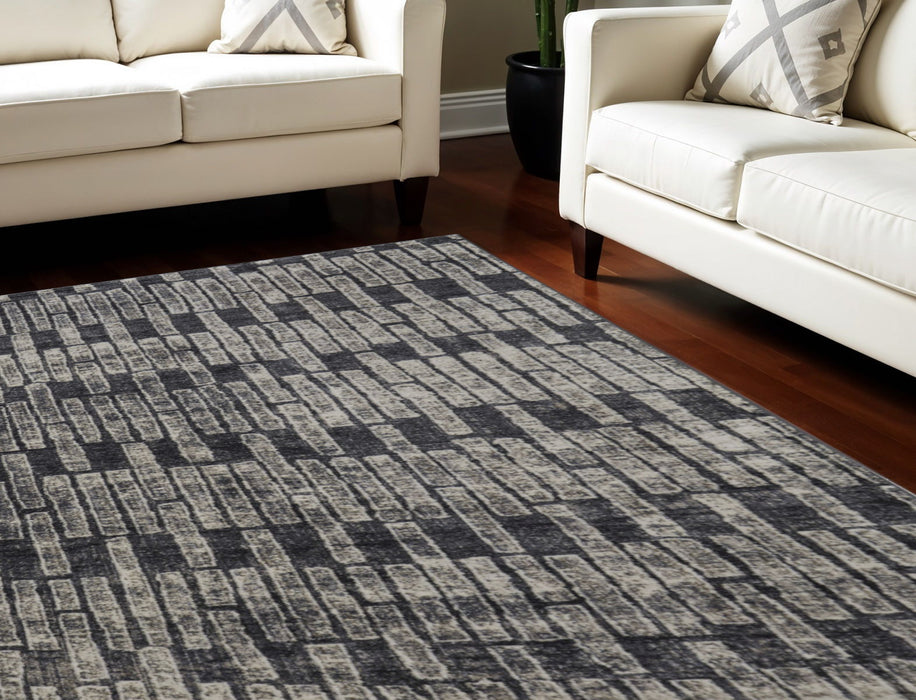 10' X 8' Geometric Power Loom Worn Faded Area Rug - Gray And Black
