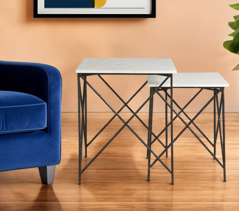 Marble And Metal Square Nested Tables (Set of 2) - Black And White