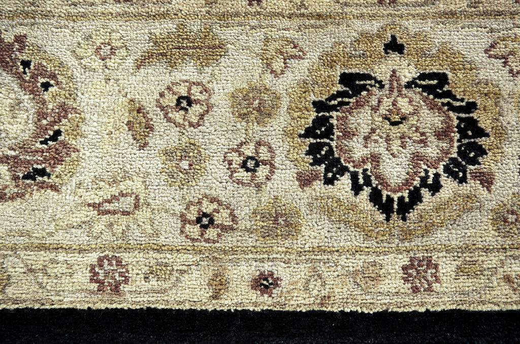 8' Wool Oriental Hand Knotted Round Rug - Black Brown And Gold
