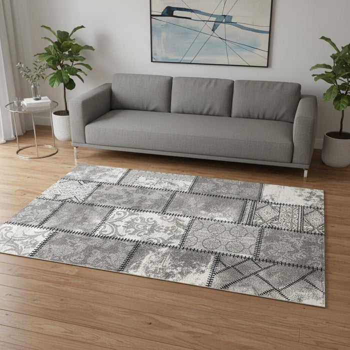 5' X 8' Damask Power Loom Area Rug (487580) - Gray / Ivory