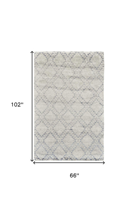 6' x 9' Geometric Hand Knotted Worn Faded Area Rug - Gray And Ivory