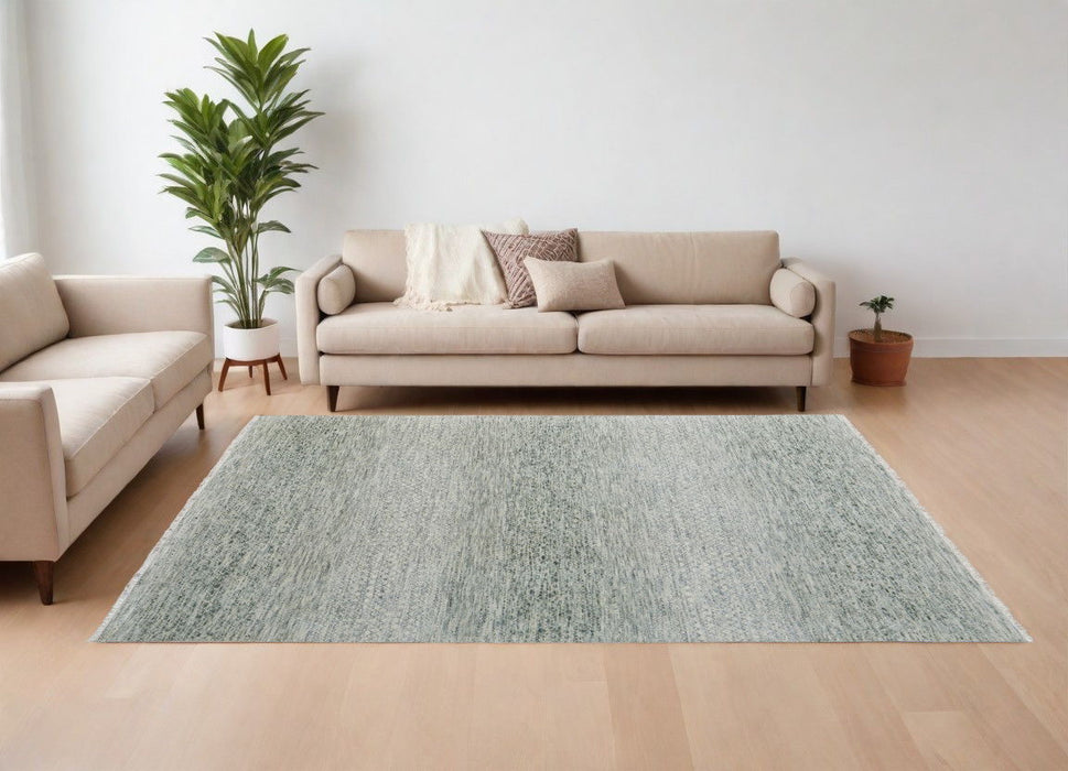6' x 9' Wool Hand Knotted Area Rug With Fringe - Ivory And Green