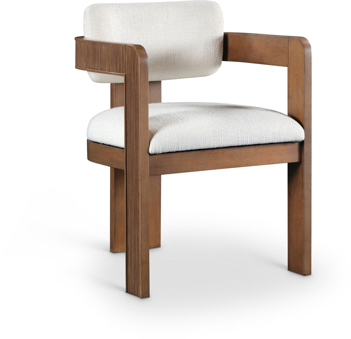Set of two Meridian Furniture Sacha linen dining chairs with brown bases, featuring cushioned seats and sleek modern design.