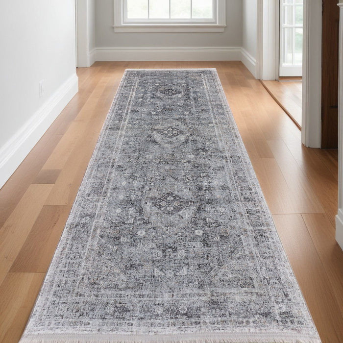 12' x 2.7' Oriental Power Loom Worn Faded Runner Rug - Gray And Silver