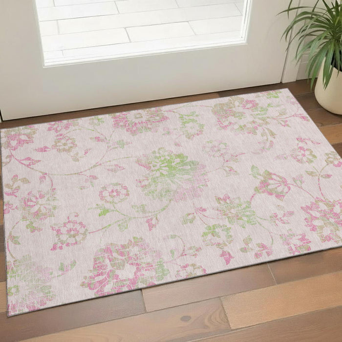 3' X 5' Floral Washable Area Rug With UV Protection (667934) - Pink / Green