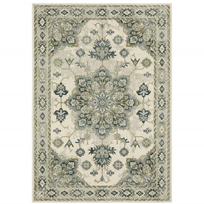 8' x 10' Oriental Power Loom Stain Resistant Area Rug - Ivory Blue Teal Gray And Olive Green