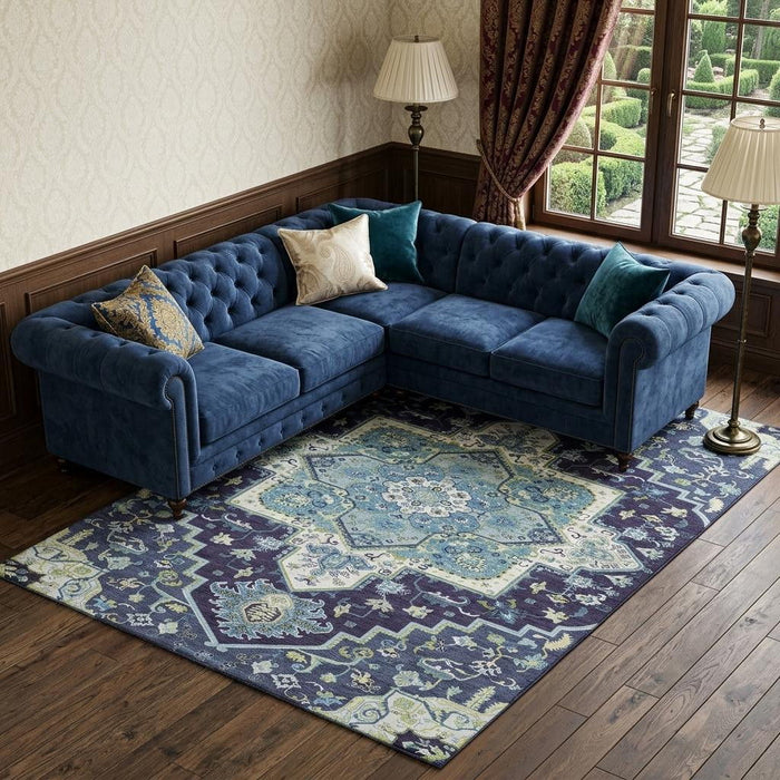 10' X 14' Oriental Washable Area Rug With UV Protection (681323) - Navy Blue / Ivory / Olive Green