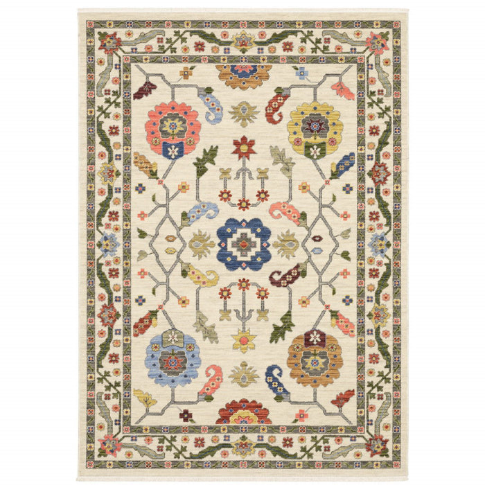 5' x 8' Oriental Power Loom Stain Resistant Area Rug With Fringe - Ivory Green Blues Pink Yellow Rust Brown Tan And Gray