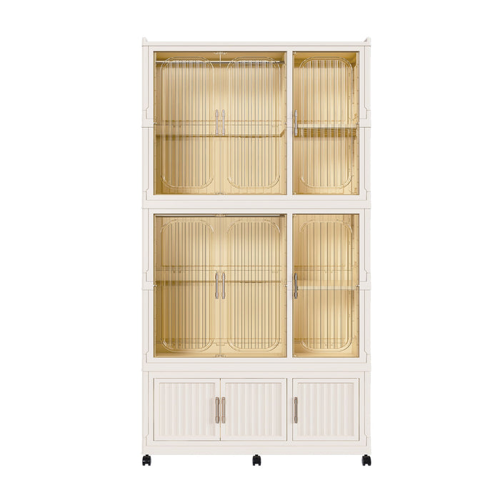 Cream white Giga portable wardrobe closet with nine magnetic doors, nine storage cubes, two hanging rods, and six hangers inside.