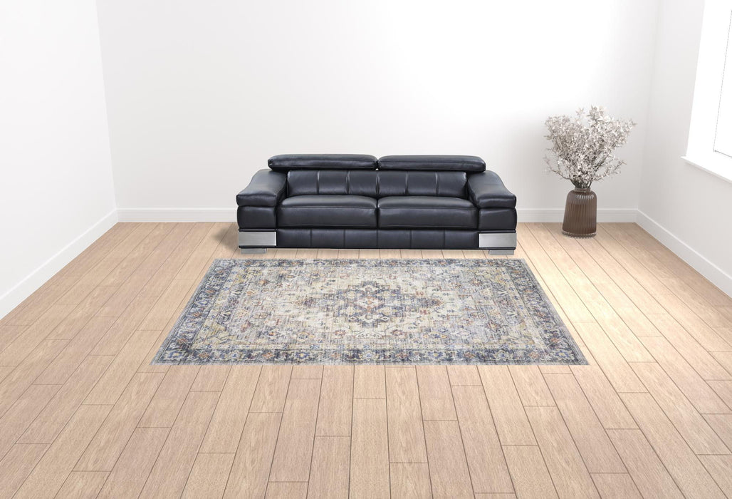 9' x 12' Oriental Power Loom Stain Resistant Area Rug - Blue Gold Gray Orange Yellow And Purple