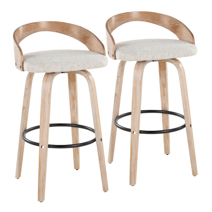 Grotto - 30" Fixed-Height Barstool With Swivel And Round Black Metal Footrest (Set of 2) - White Washed Wood And Oat Fabric
