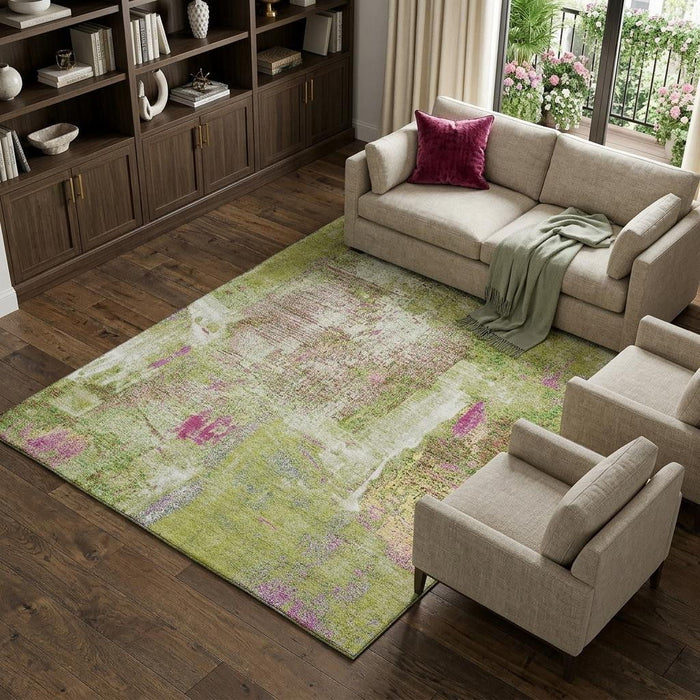 10' X 14' Abstract Washable Area Rug With UV Protection (678011) - Lime Green / Pink / Yellow
