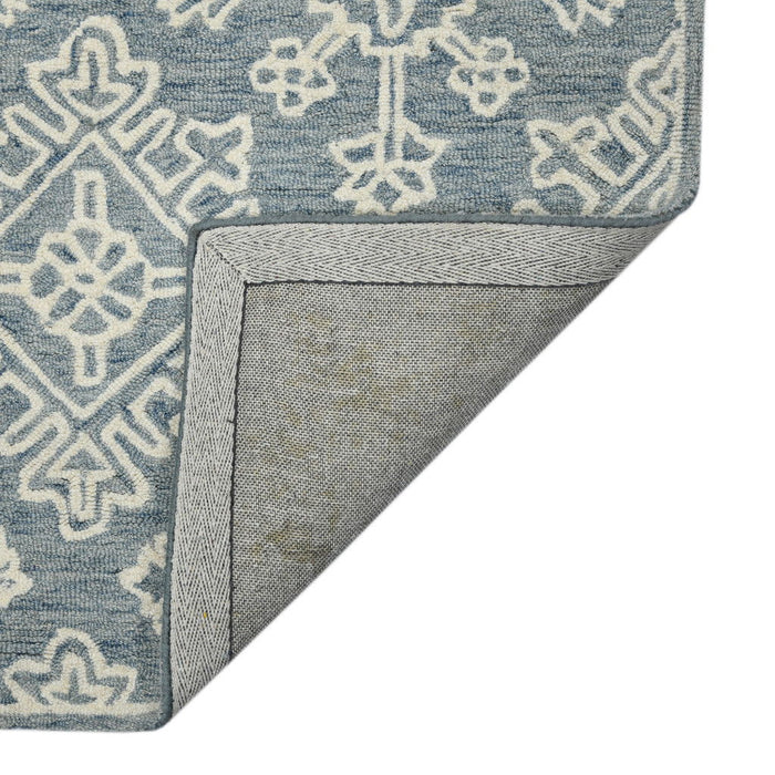 8' X 11' Wool Geometric Hand Hooked Area Rug - Sky Blue And Ivory
