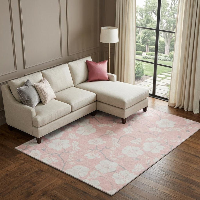 10' X 14' Floral Washable Area Rug With UV Protection (681059) - Pink / Ivory