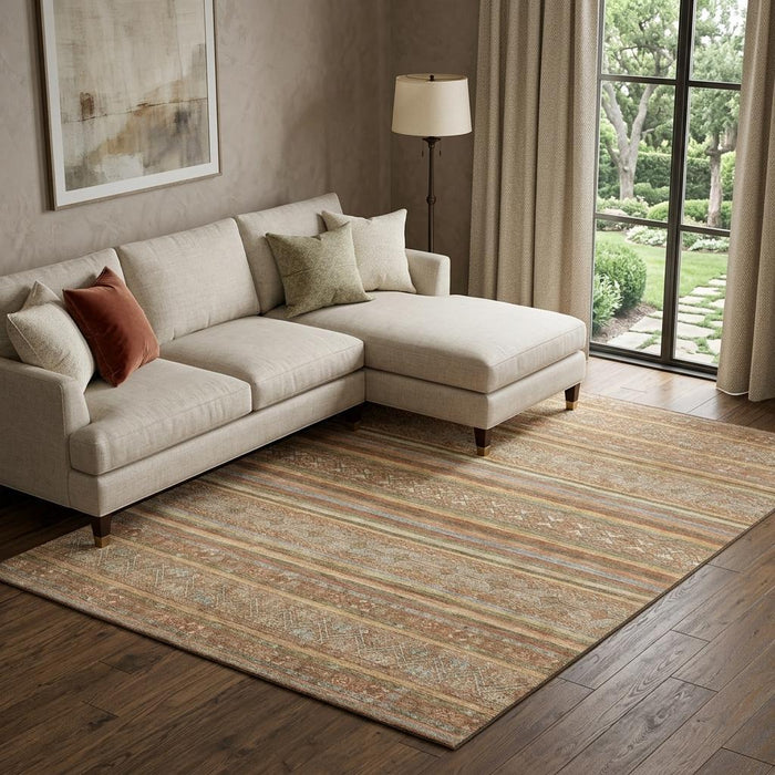 10' X 14' Striped Washable Area Rug With UV Protection (695828) - Terra Cotta / Gold / Gray