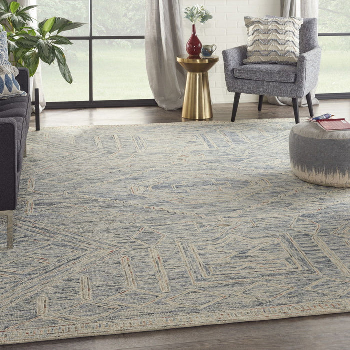 8' X 11' Wool Geometric Area Rug - Tan / Blue