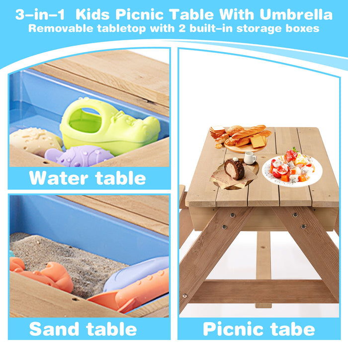 Giga 3-in-1 kids outdoor wooden picnic table with umbrella, convertible sand and water table for children, ASTM and CPSIA certified
