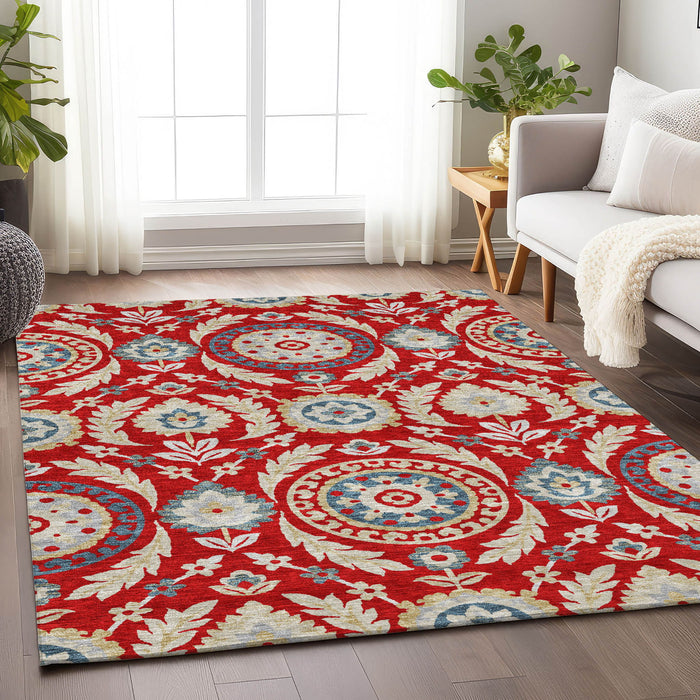 8' X 10' Floral Washable Area Rug With UV Protection - Red