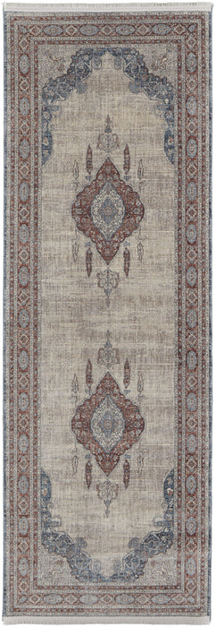 12' Floral Power Loom Runner Rug - Gray Red And Blue