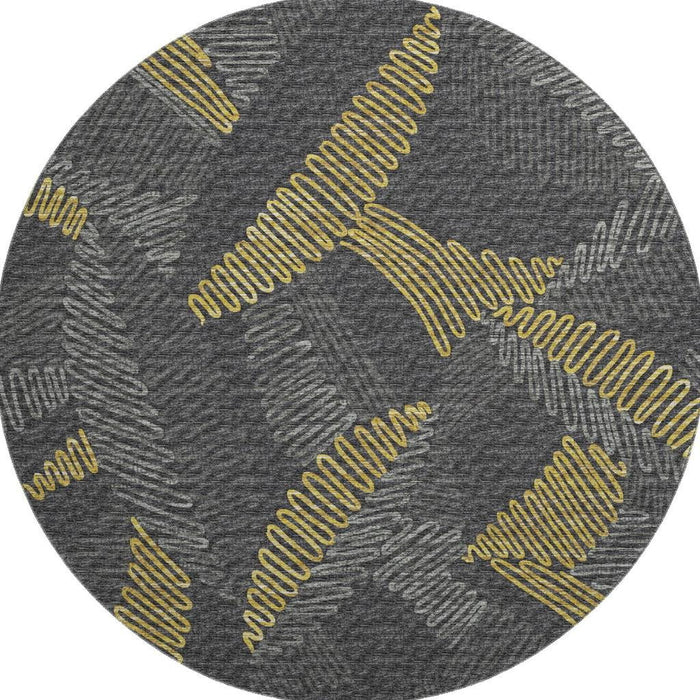 8' Botanical Leaves Washable Round Rug With UV Protection (645009) - Gray / Gold / Black