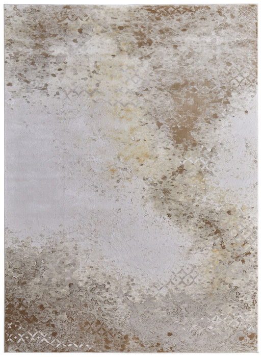 7' x 10' Abstract Power Loom Worn Faded Area Rug - Tan And Ivory