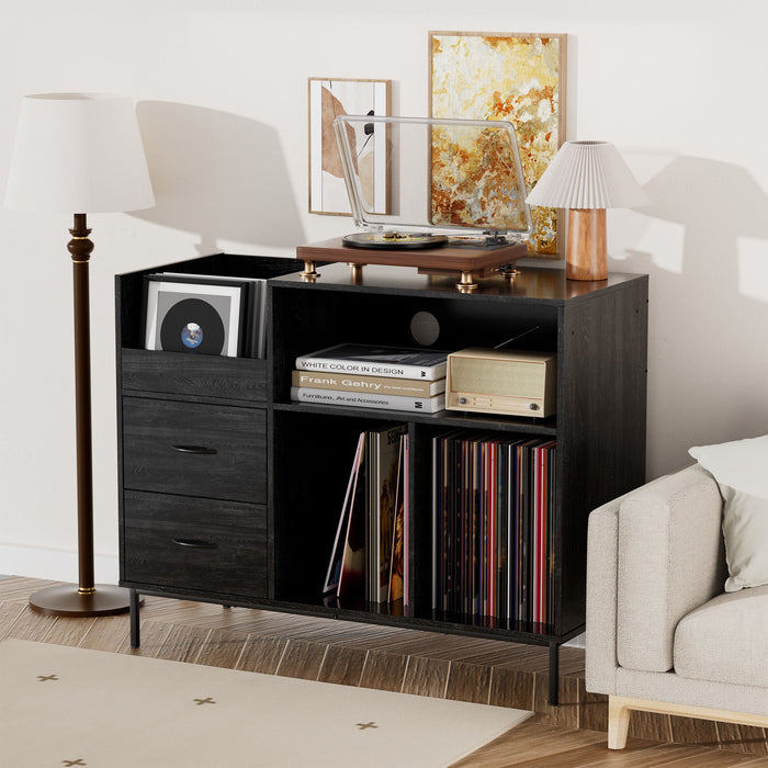Giga eco-friendly vinyl record player stand with flip-top storage, dustproof drawers, and dual outlets for media organization.