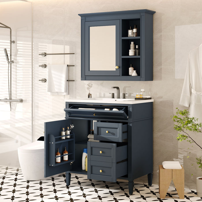 Giga bathroom vanity with top sink, two doors, three drawers, freestanding design, and mirror cabinet for modern bathroom decor.