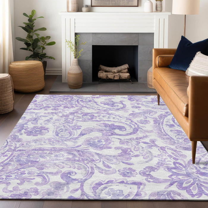 10' X 14' Paisley Washable Area Rug With UV Protection - Lavender And Ivory