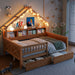 Giga house style platform bed with LED lights, storage shelves, drawers, and guardrail in a modern bedroom setup.