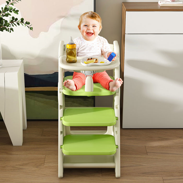Giga multifunctional highchair for toddlers with adjustable height and 5-point harness, featuring a comfortable seat and safety straps.