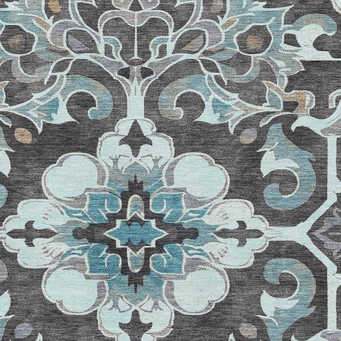 10' X 14' Floral Medallion Washable Area Rug With UV Protection (709090) - Teal / Charcoal / Gray