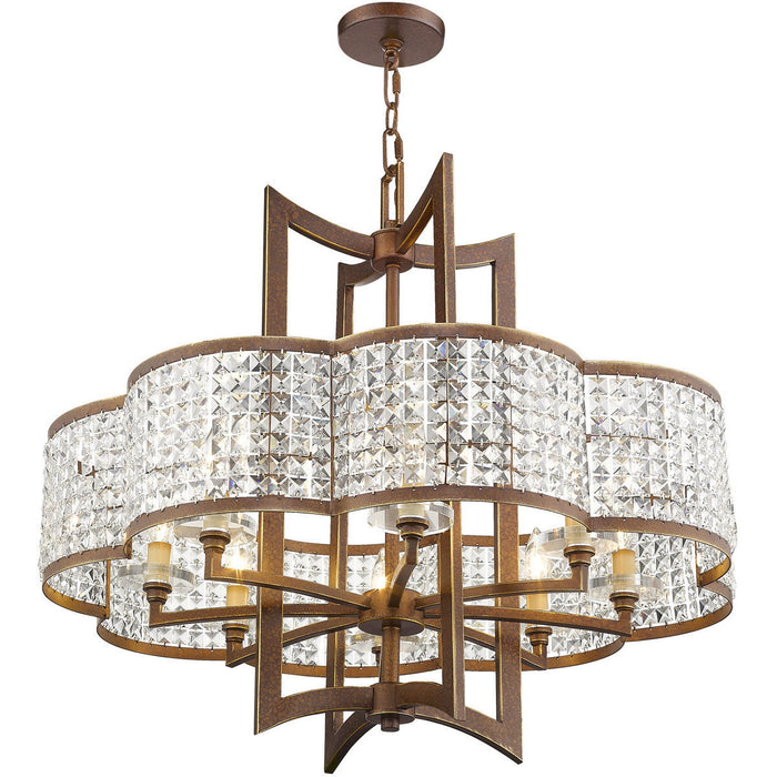HomeRoots 27-inch metal chandelier with eight shades, bronze finish, dimmable lighting, and clear glass shades.