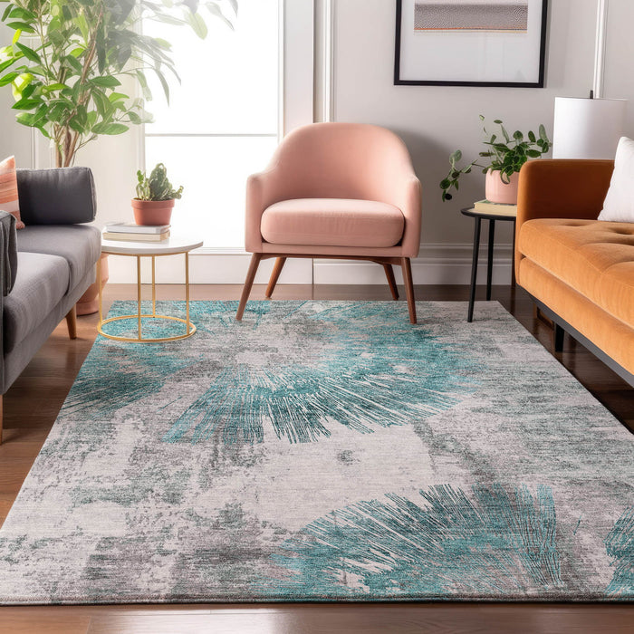 10' X 8' Transitional Abstract Washable Area Rug With UV Protection - Teal / Gray