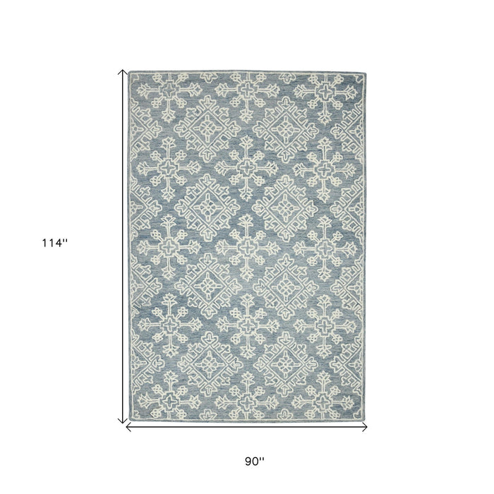 8' X 10' Wool Oriental Hand Hooked Area Rug - Sky Blue And Ivory
