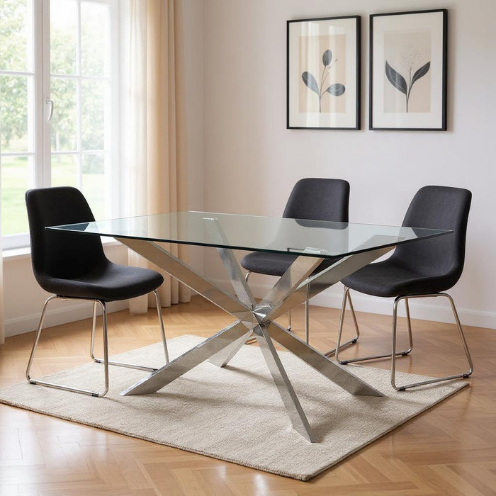 87" Glass And Metal Cross Leg Base Dining Table - Clear