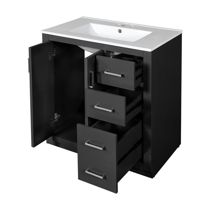 Giga bathroom vanity with sink, freestanding storage cabinet, three drawers, and soft-closing doors in modern design
