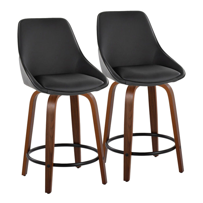 Diana - 24" Fixed-Height Counter Stool With Swivel And Round Black Metal Footrest (Set of 2) - Walnut Wood