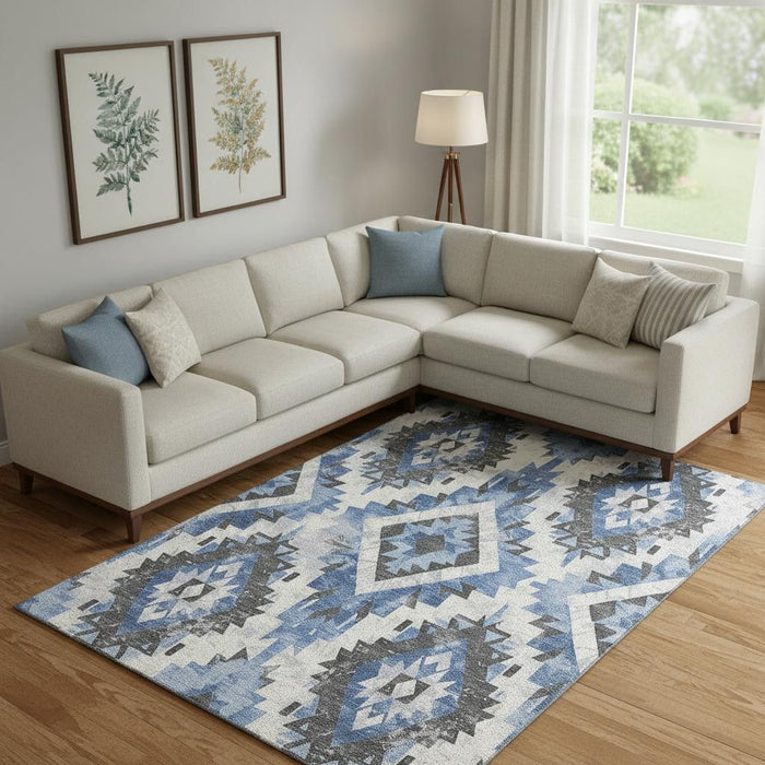 10' X 14' Southwestern Washable Area Rug With UV Protection (706595) - Blue / Charcoal / Ivory