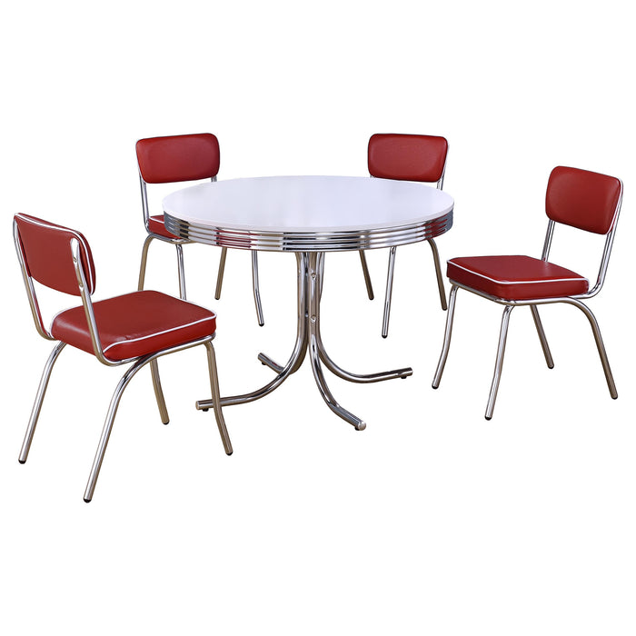 CoasterEveryday 5-piece round dining table set with white and red finish, featuring a modern furniture design and matching chairs.