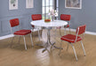 White and red 5-piece round dining table set by CoasterEveryday, featuring modern furniture design and smooth table surfaces.
