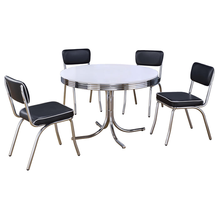 CoasterEveryday 5-piece round dining table set with white and black finish, featuring modern furniture design and four matching chairs.