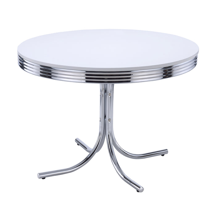 CoasterEveryday 5-piece round dining table set with white and black finish, includes table and matching chairs, modern furniture design.