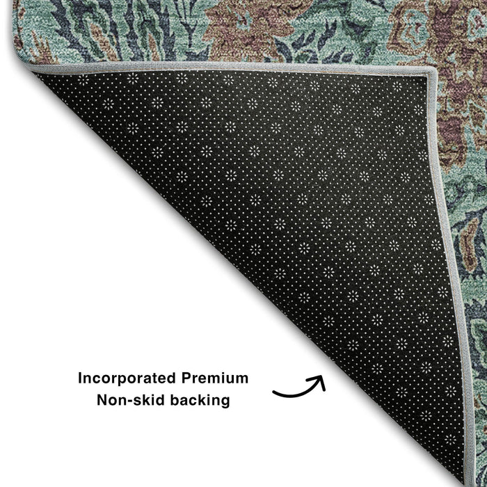 10' X 14' Floral Washable Area Rug With UV Protection (655024) - Teal / Brown