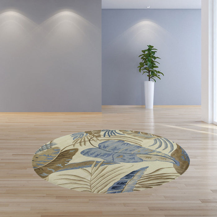 8' Hand Tufted Tropical Leaves Round Indoor Area Rug - Ivory Blue