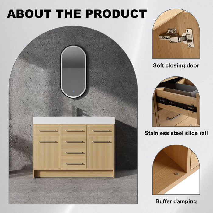 Giga freestanding bathroom vanity with resin sink, soft-closing doors and drawers, modern design, and sleek white finish.
