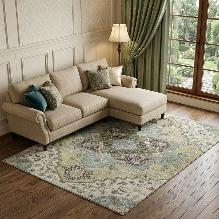 10' X 14' Oriental Washable Area Rug With UV Protection (681287) - Beige / Sage / Ivory
