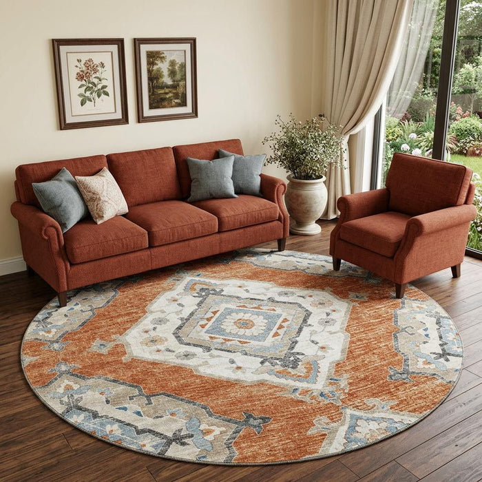8' Tribal Distressed Washable Round Rug With UV Protection (644183) - Terra Cotta / Ivory / Blue
