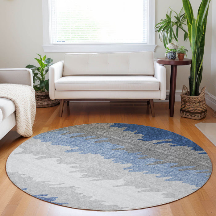 8' Transitional Striped Washable Round Rug With UV Protection - Navy Blue