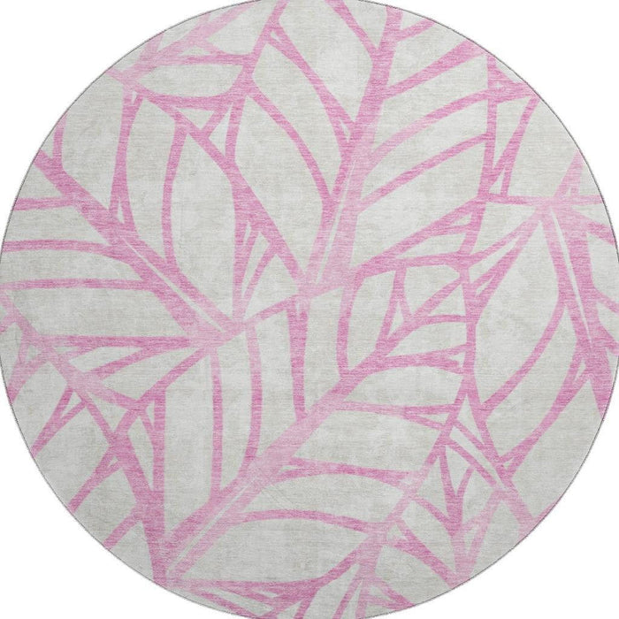 8' Floral Washable Round Rug With UV Protection - Pink And Beige